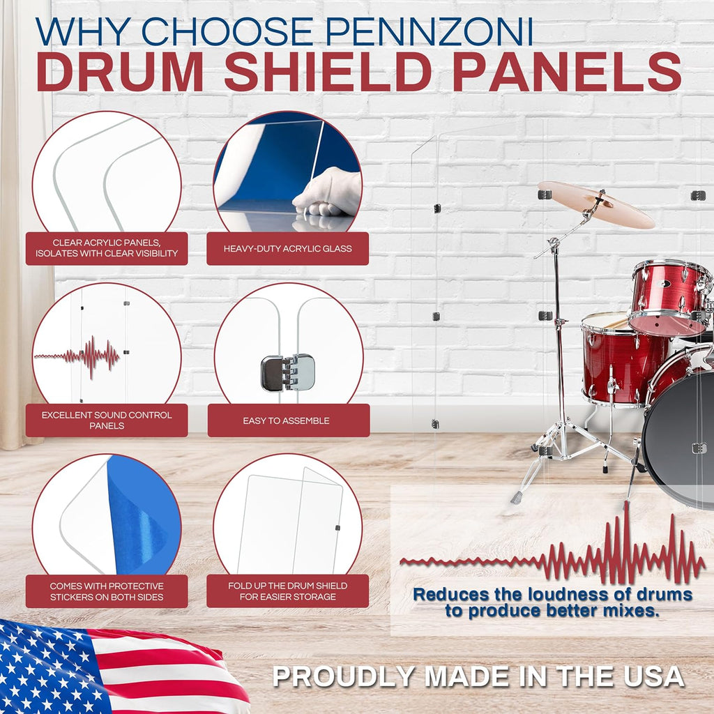 PENNZONI Drum Shield 6ft with Chrome Hinges, Comes w/ 6 Drum Panels, & Chrome Hinges, Premium Clear Acrylic Panels, Drum Screen