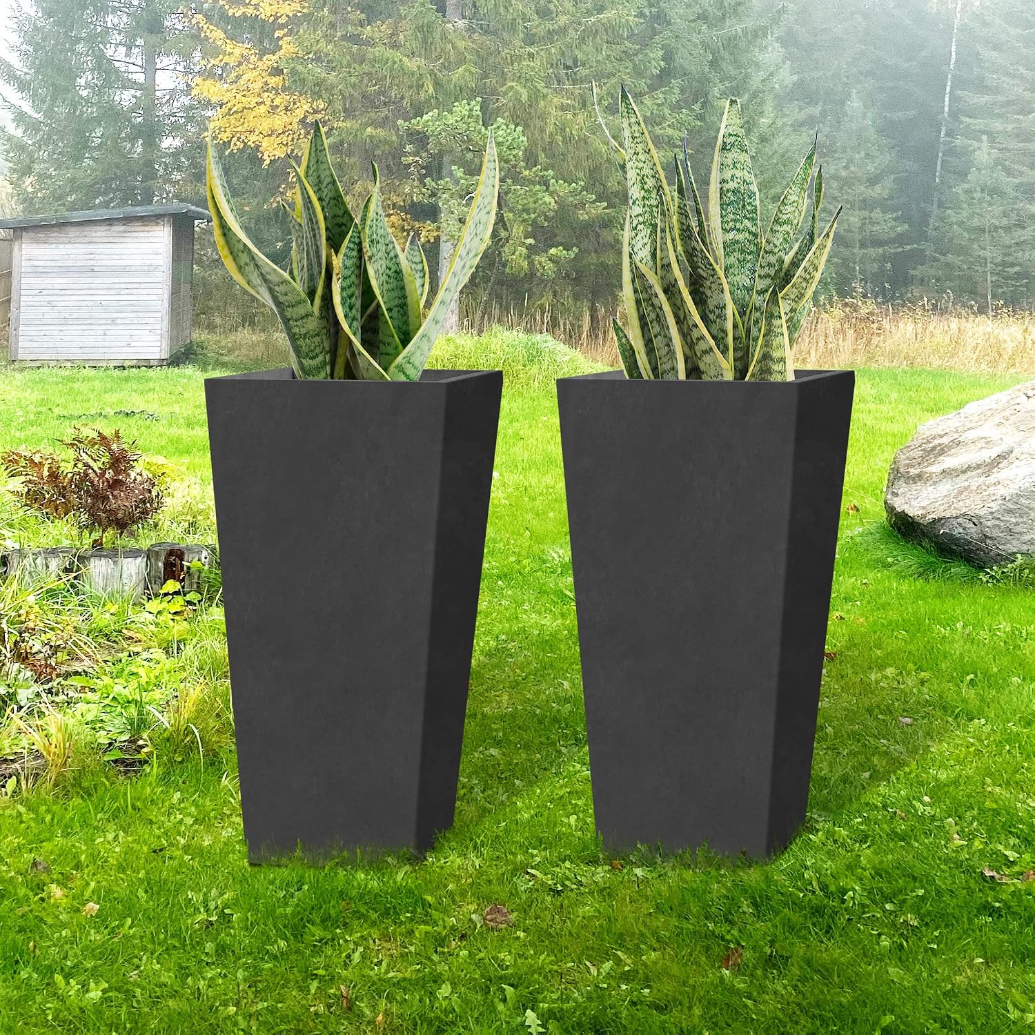 Kante 24.4' H Concrete Tall Tapered Planter Set of 2, Large Outdoor Indoor Garden Plant Pot with Drainage Hole and Rubber Plug Home and Patio, Burnished Black Finish