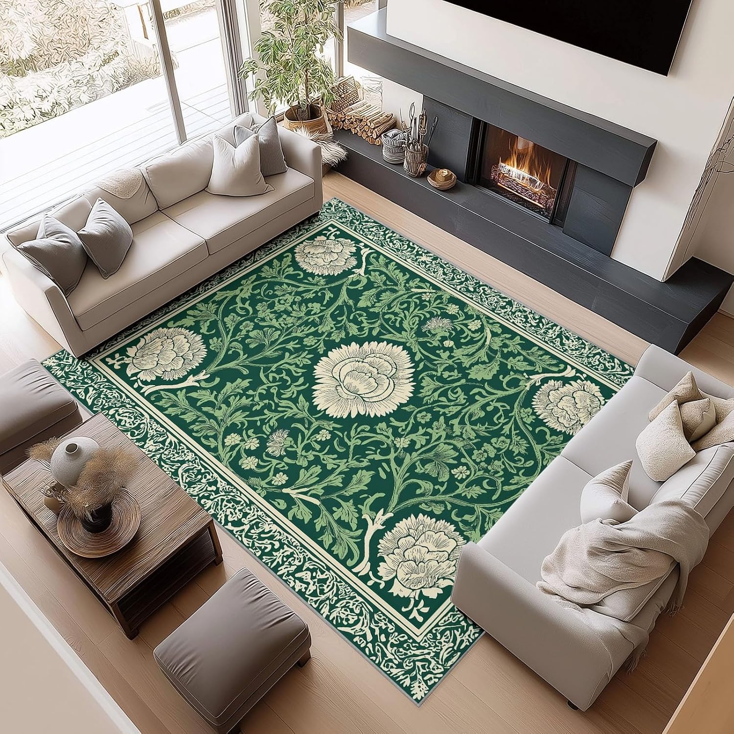 Geometric Plants Flowers Vines Print 5 x 7 ft Area Rugs for Living Room, Soft Washable Rugs for Bedroom Non Slip Moroccan Carpet, Stain Resistant Throw Carpet for Office Nursery Dining Room
