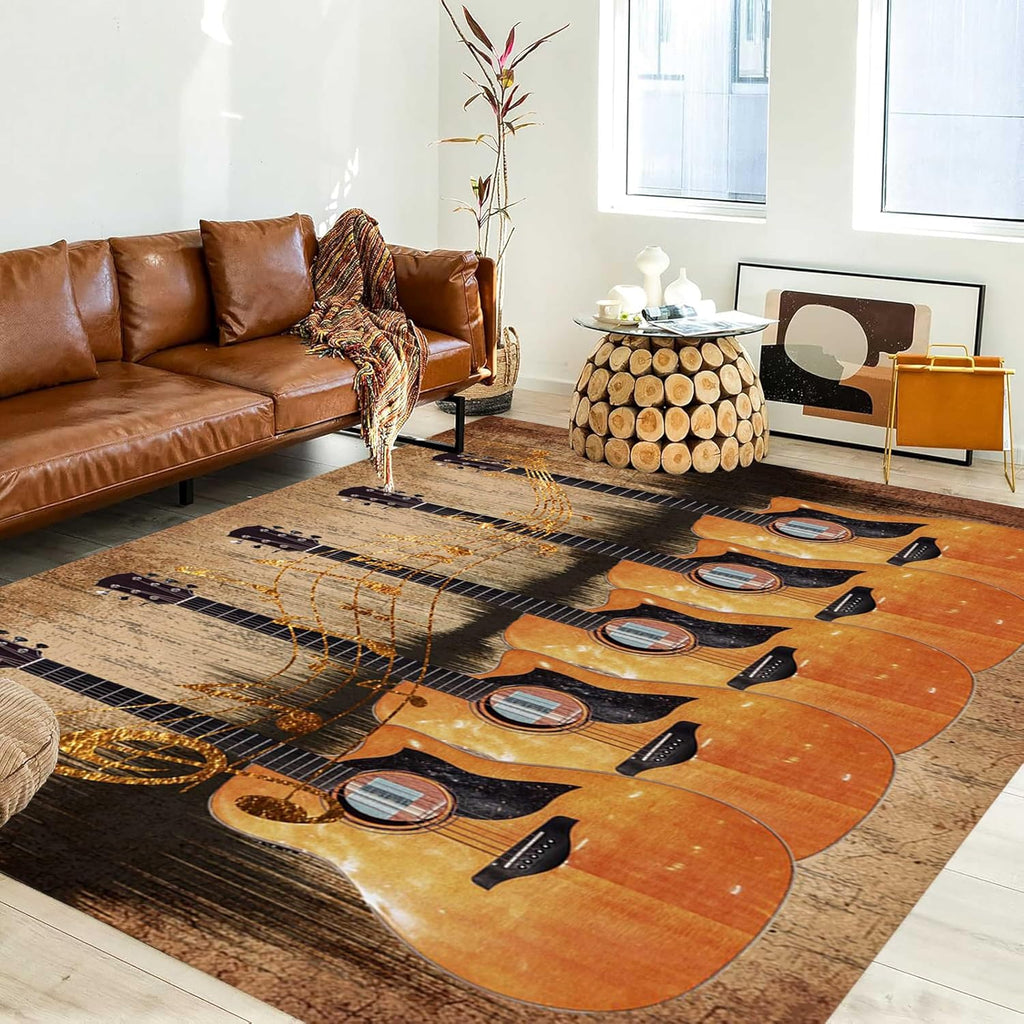 UNREASTO Music Note Area Rug, 6x8ft, Retro Brown Guitar Wood Board Background Music Decoration Rug, Washable Non-Slip Soft Rugs for Bedside Corridor Bedroom Living Room Home Decoration