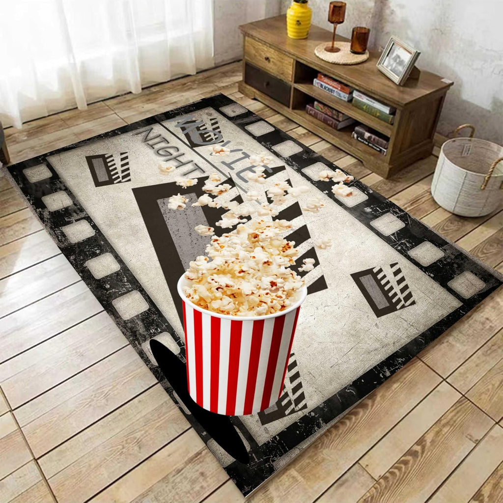 Retro Cinema Movie Area Rug,6x8ft,Filmstrrip and Popcorn Patterned Rug,Cinema Sign Non-Slip Carpet for Sofa Living Room Kitchen Play Mat Nursery Throw Rugs Yoga Mat…