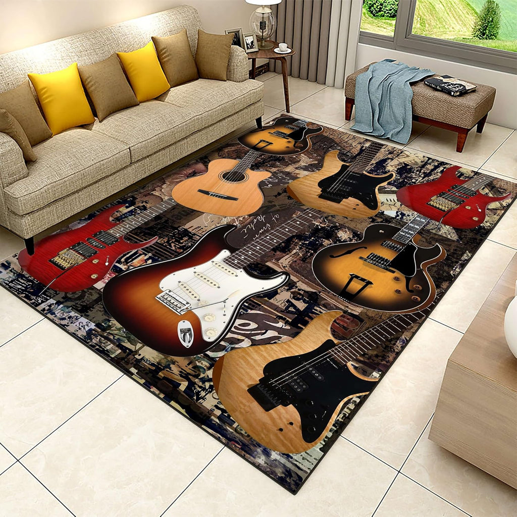 Guitar Area Rugs, 6x8ft, Retro Electric Guitar Pattern Bedroom Rug, Rock Music Instrument Reduce Noise Floor Carpet, Breathable Cozy Non-Shedding Durable Mat for Nursery Classroom