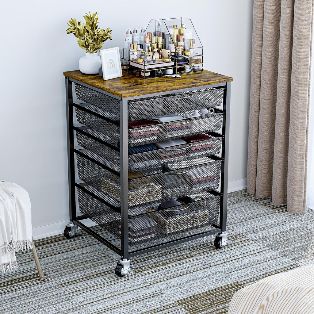 EasyCom 20.8'x18.9' Large Printer Stand with 5 Drawers- Heavy Duty Printer Table with Wheels, Laser Printer Cart for Home Office Living Room Supplies-Rustic Brown (Rustic Brown)