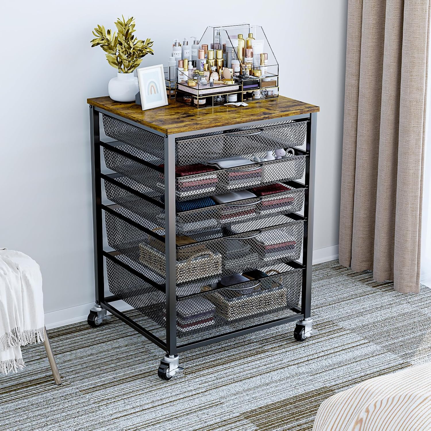 EasyCom 20.8'x18.9' Large Printer Stand with 5 Drawers- Heavy Duty Printer Table with Wheels, Laser Printer Cart for Home Office Living Room Supplies-Rustic Brown (Rustic Brown)