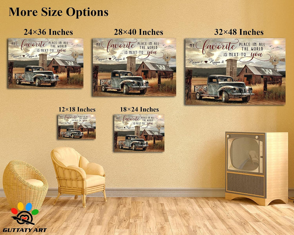 Farmhouse Truck Wall Art, Old Truck Wall Art, Rustic Farmhouse Canvas Wall Art, Vintage Truck Canvas Wall Art, Personalized Valentines Day Gifts, Customized Anniversary Couples Gifts 32x48 Inches