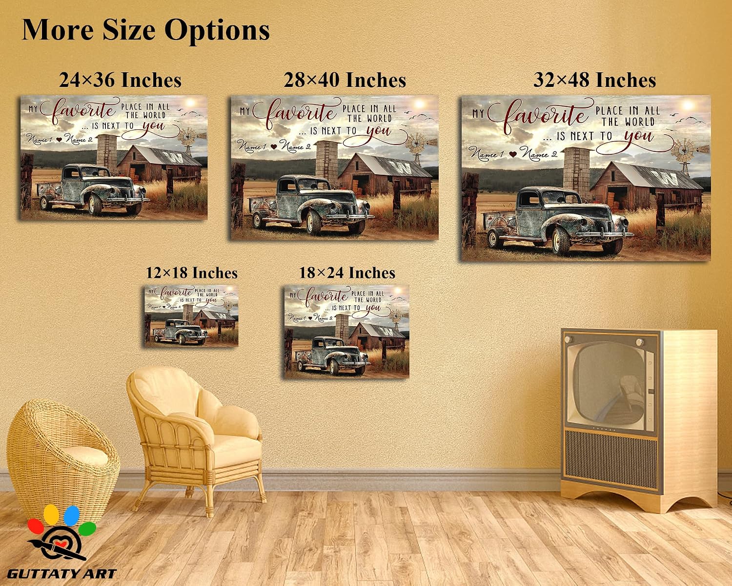 Farmhouse Truck Wall Art, Old Truck Wall Art, Rustic Farmhouse Canvas Wall Art, Vintage Truck Canvas Wall Art, Personalized Valentines Day Gifts, Customized Anniversary Couples Gifts 32x48 Inches