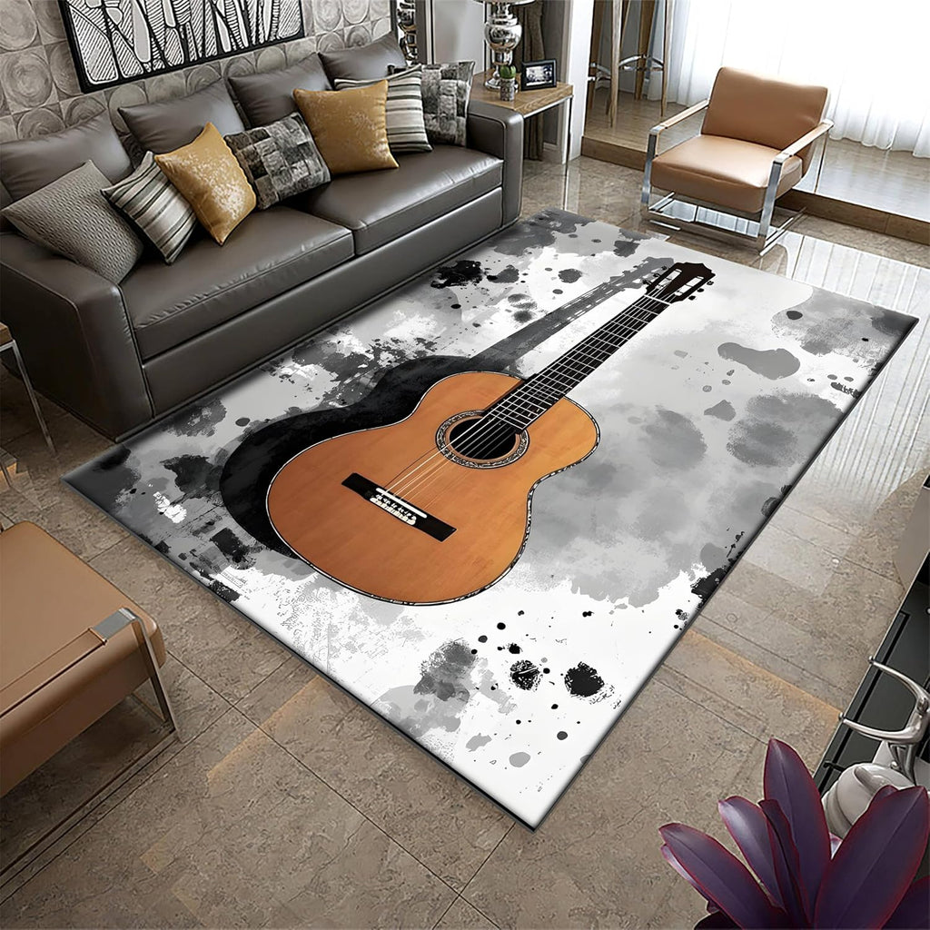 Guitar Music Rug 5x8ft - Ink Printed Low Pile Foldable Carpet, Non-Slip Soft Rug for Bedside/Sofa/Indoor - Easy Clean Anti-Slip Home Decor Floor Mat
