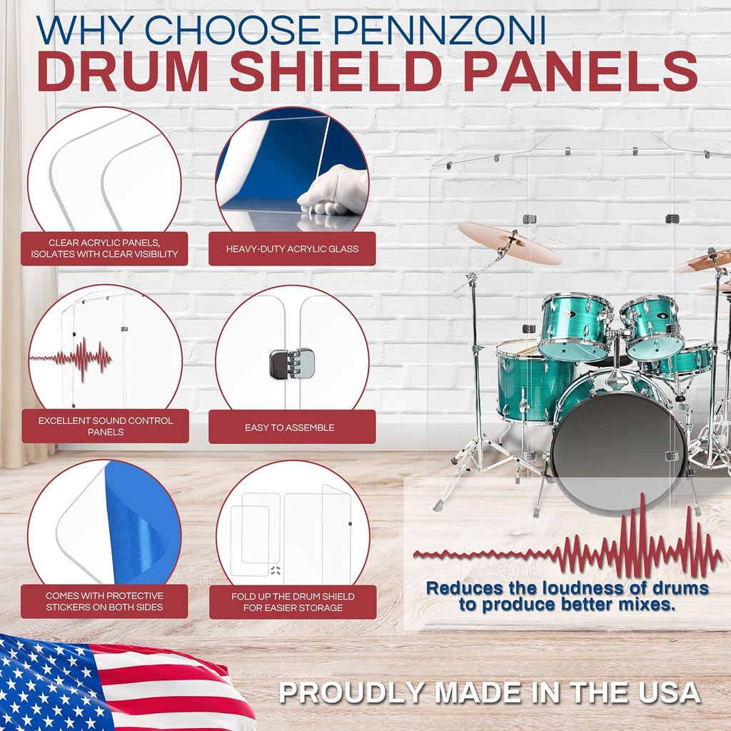 PENNZONI Drum Shield 6ft w/Deflectors & Chrome Hinges, Comes w/ 3 Drum Panels, 3 Deflectors, Chrome Hinges & Deflector Connectors, Premium Clear Acrylic Panels