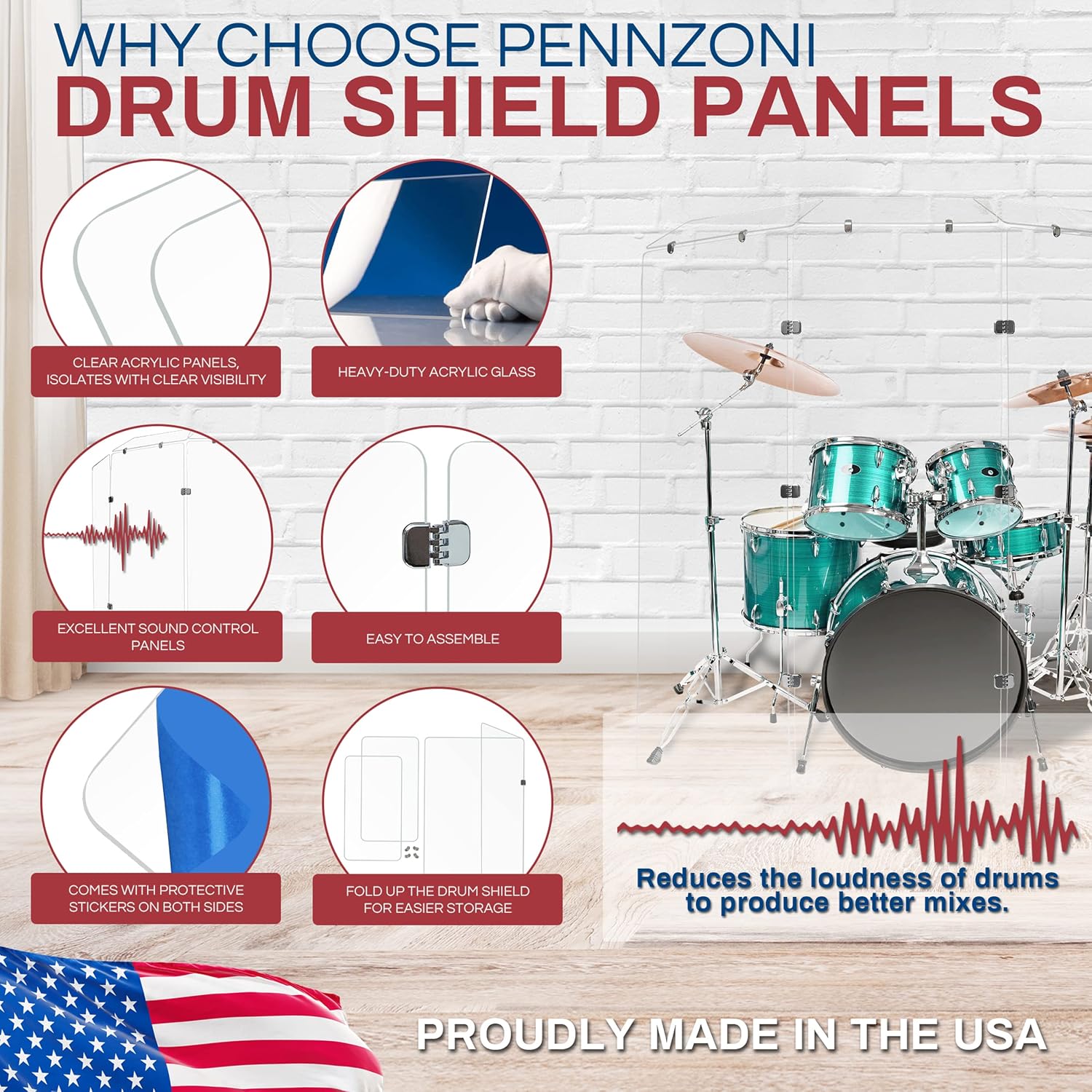 PENNZONI Drum Shield 6ft w/Deflectors & Chrome Hinges, Comes w/ 3 Drum Panels, 3 Deflectors, Chrome Hinges & Deflector Connectors, Premium Clear Acrylic Panels