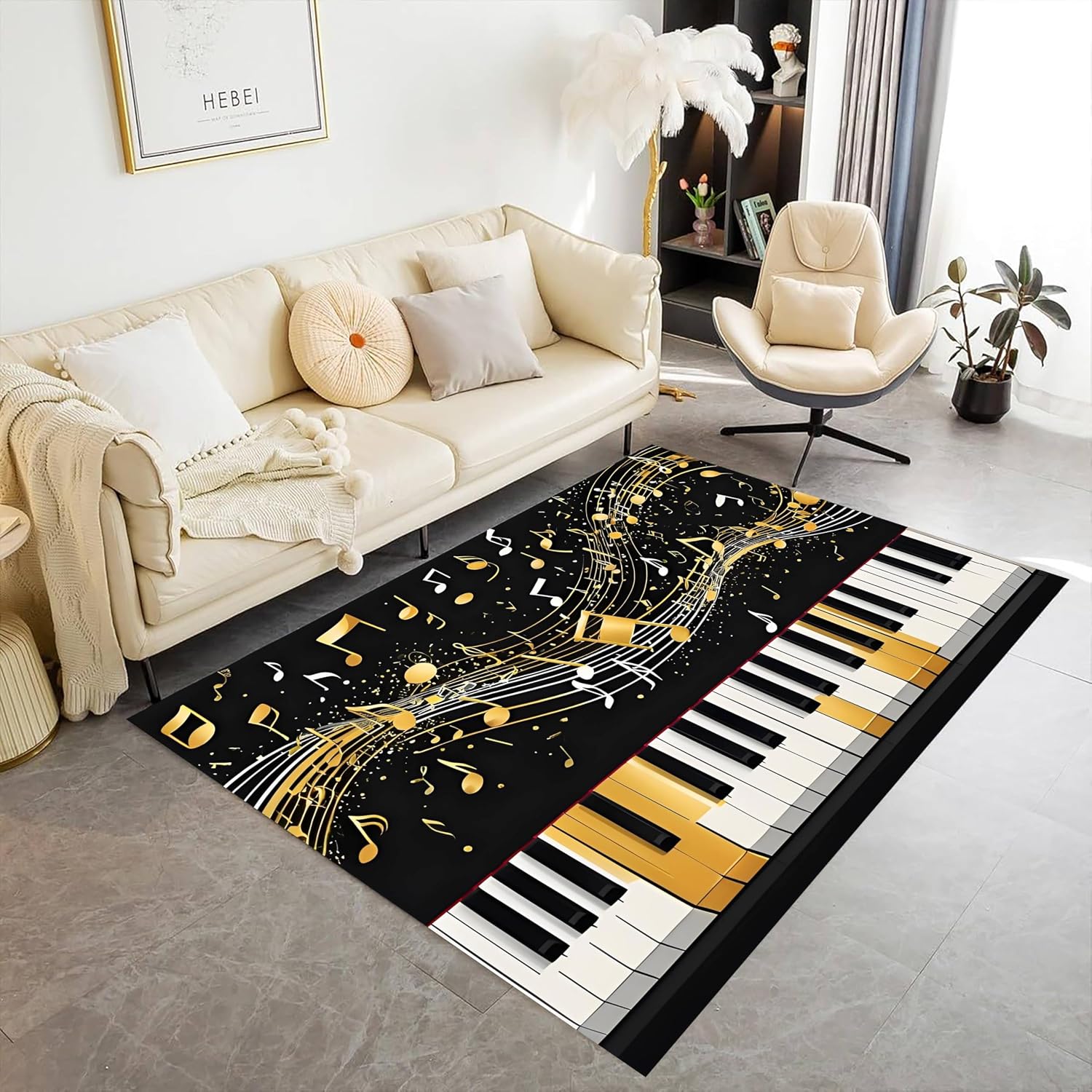 Piano Area Rug, 6x8ft Black and White Piano Sheet Music Art Indoor Carpet, Decorative Carpet Non-Slip Large Area Easy to Clean, Suitable for Living Room Bedroom Game Room Area Rug Mat
