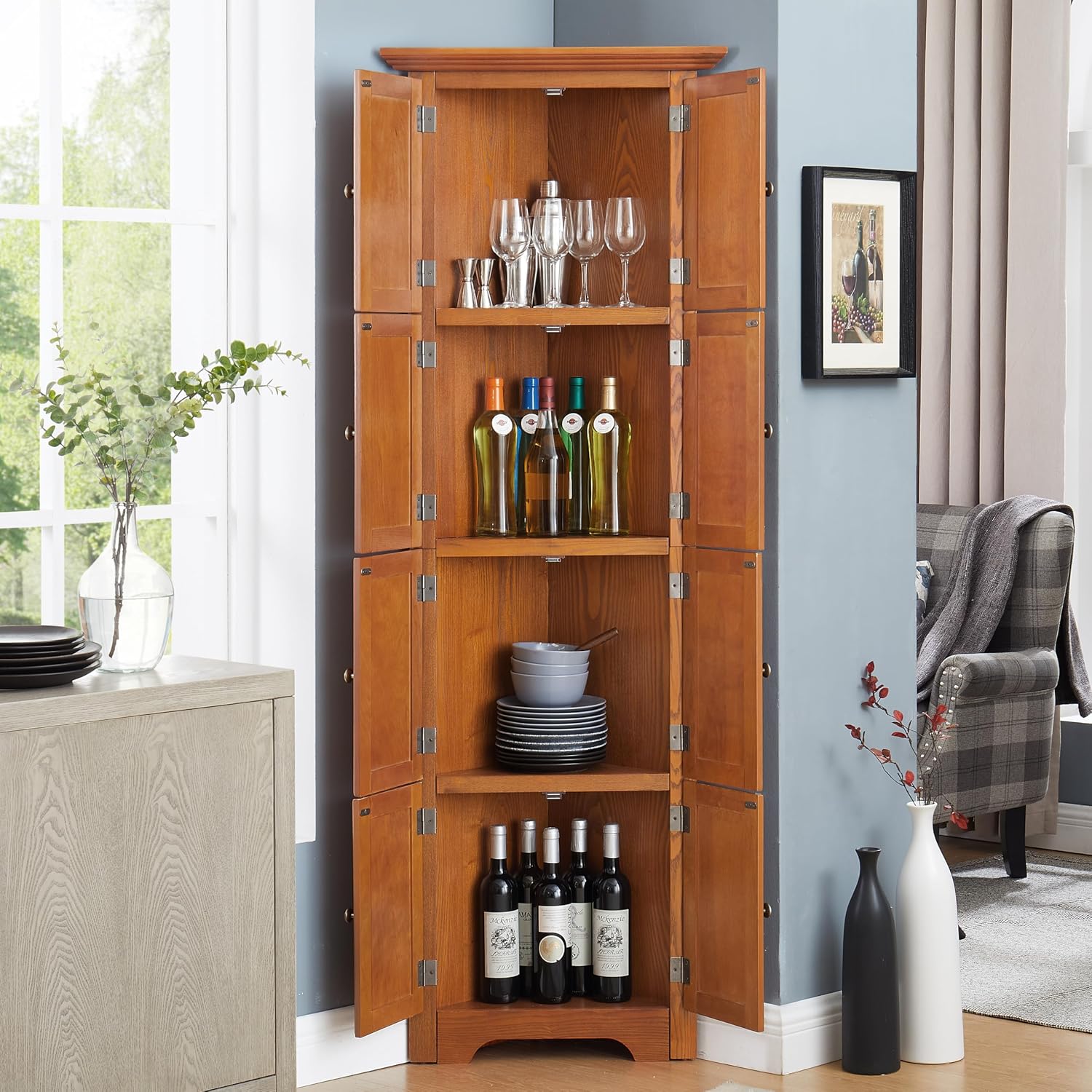 72' Sturdy Freestanding Storage Cabinet, Kitchen Storage Bakers Rack with Tiered Shelves, Utility Food Cupboard with Spacious Doors for Kitchen, Bathroom, Living Room, Oak