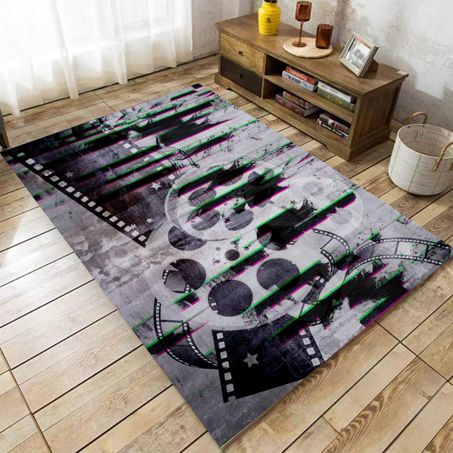Nostalgic Retro Style Horror Movie Area Rug,6x8ft,3D Motion Picture Film Patterned Rugs, Indoor Non-Slip Washable Doormat for Vintage Home Theater Bedroom Kitchen Country Cottage Decor