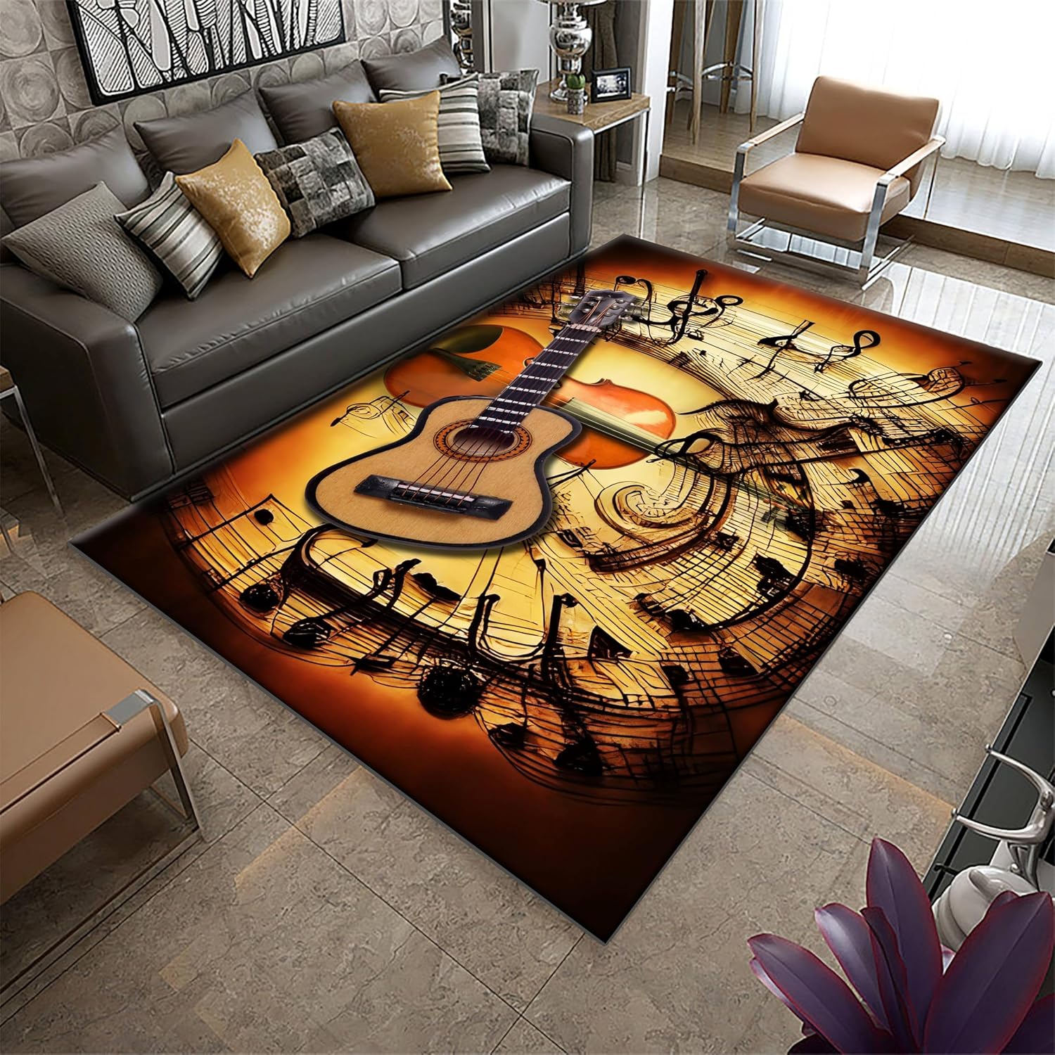 Music Notes Art Rug 6x8ft - Creative Guitar & Note Pattern Washable Carpet, Wear-Resistant Rug for Living Room/Studio - Musical Atmosphere Home Decor