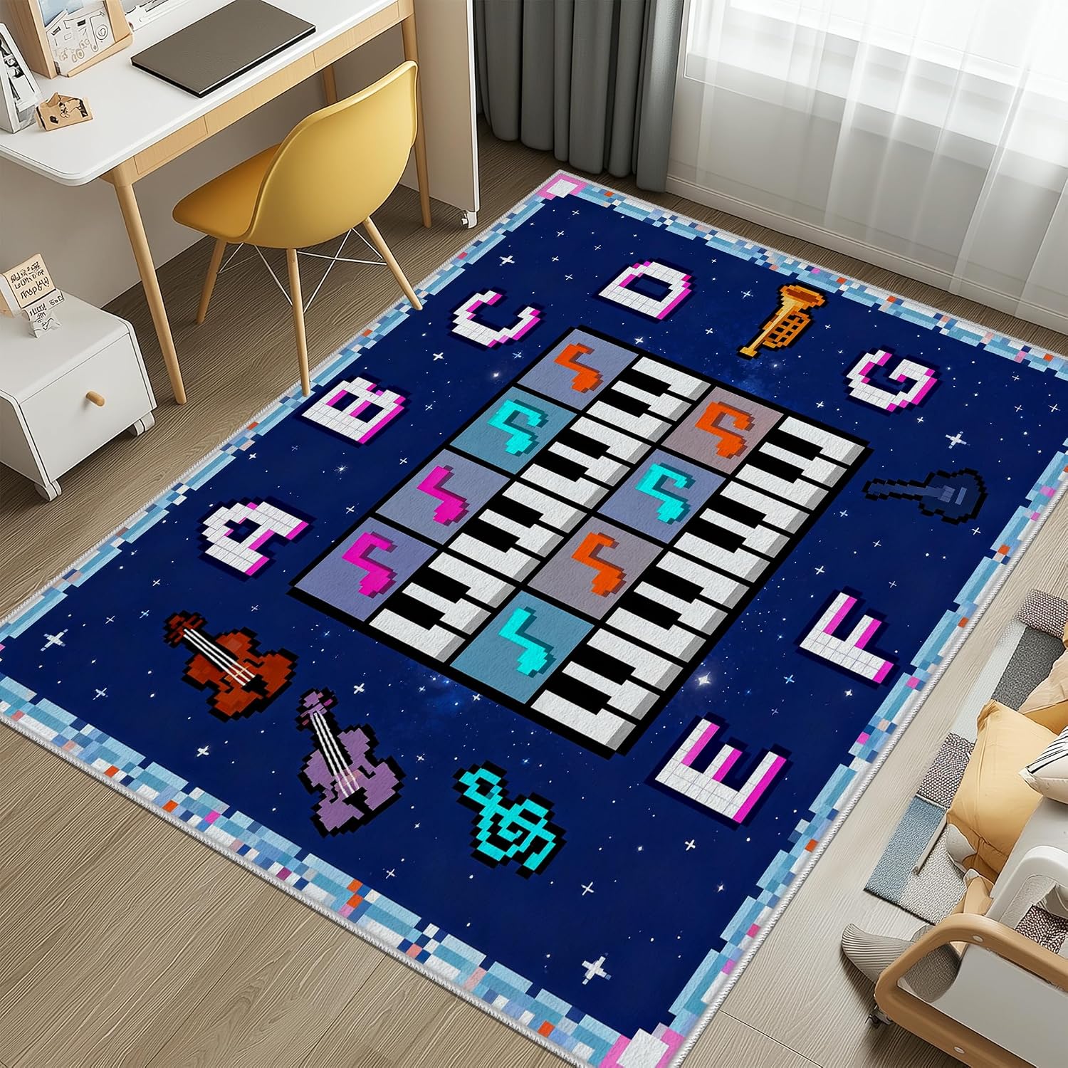 Music Pixel Rug for Boys Girls Room 6x9, Piano Keys Violin Guitar Area Rug for Playroom Bedroom Nursery Classroom Game Room, ABC Educational Fun Carpet Non-Slip Washable Play Mat