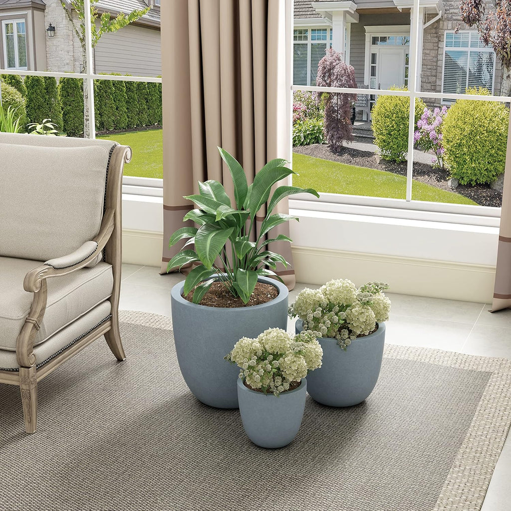 Kante 18',14',10' Dia Concrete Round Planters (Set of 3), Outdoor Indoor Large Planter Pots with Drainage Hole and Rubber Plug for Home Patio Garden, Gray