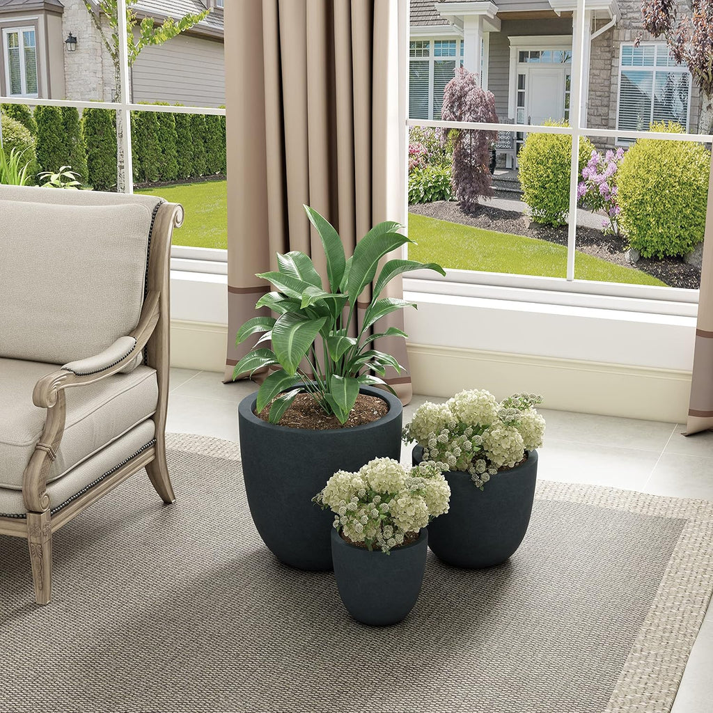Kante 18',14',10' Dia Concrete Round Planters (Set of 3), Outdoor Indoor Large Planter Pots with Drainage Hole and Rubber Plug for Home Patio Garden, Dark Gray
