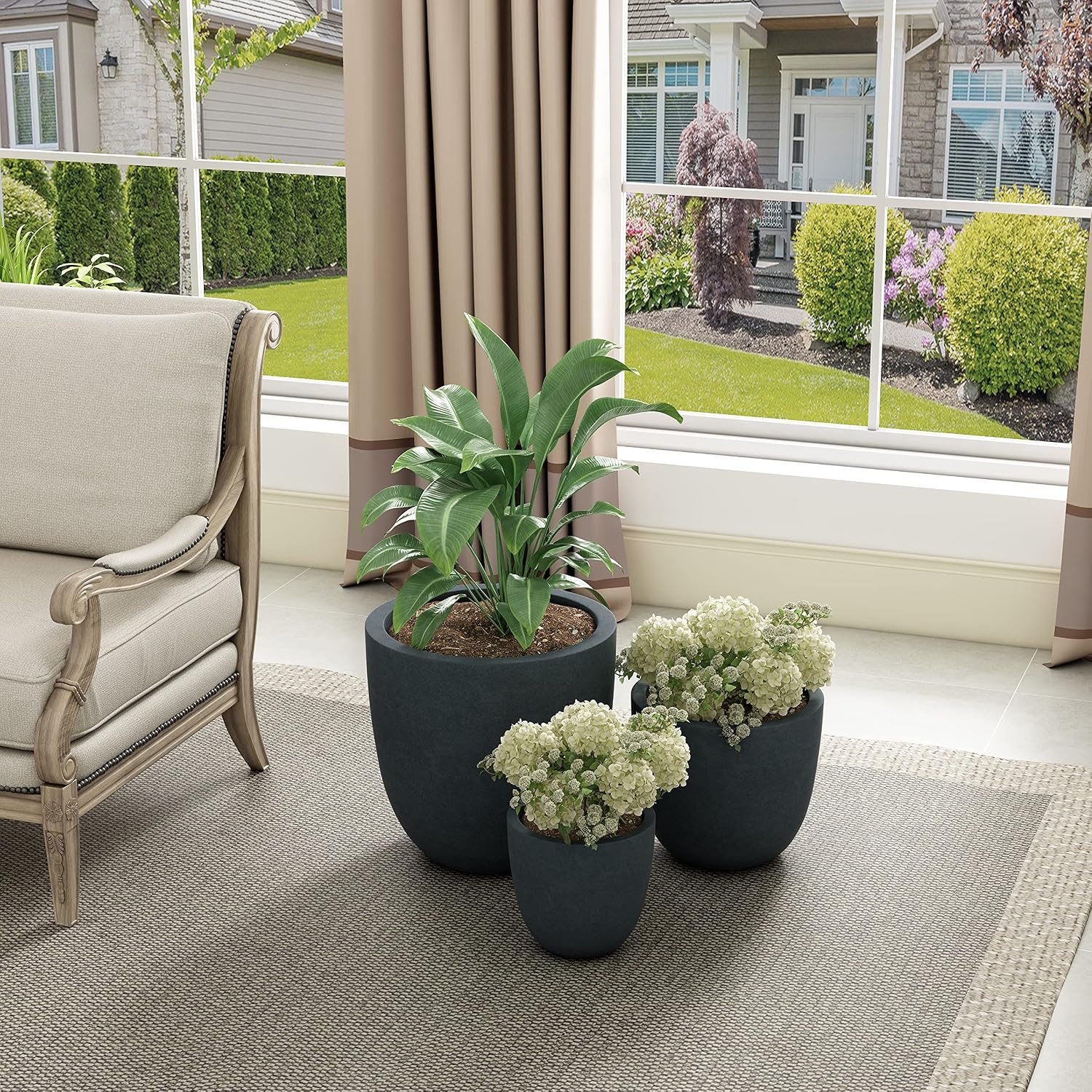 Kante 18',14',10' Dia Concrete Round Planters (Set of 3), Outdoor Indoor Large Planter Pots with Drainage Hole and Rubber Plug for Home Patio Garden, Dark Gray